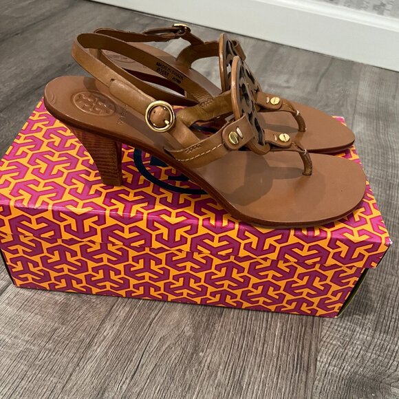 Tory Burch Holly Sandal Kitten Heel Royal Tan Leather NEW - Picture 2 of 3